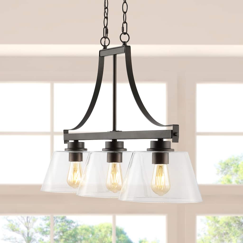 Caleb 36" 3-Light Industrial Farmhouse Iron/Glass Linear LED Pendant, Oil Rubbed Bronze/Clear by JONATHAN Y - 3 Light