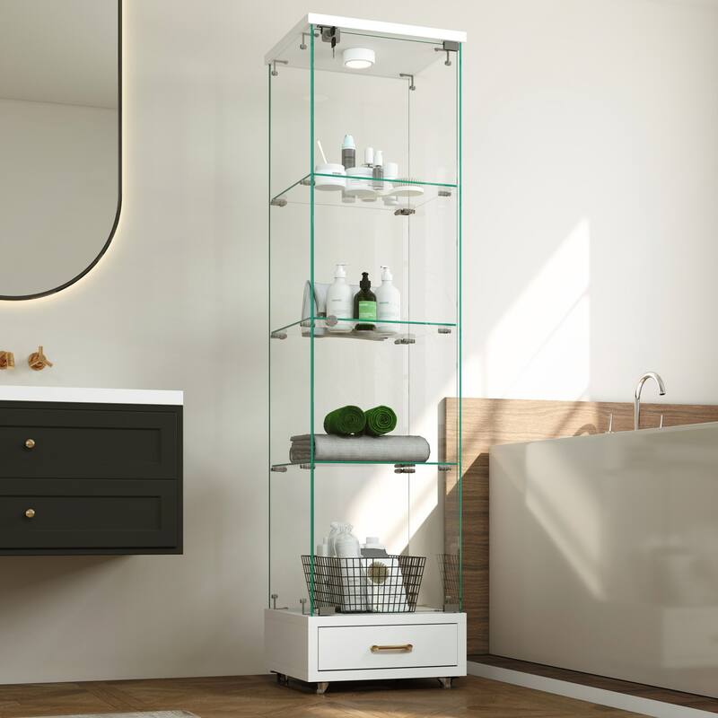 Modern Glass Display Cabinet with Drawer and LED lights for Living Room and Bedroom