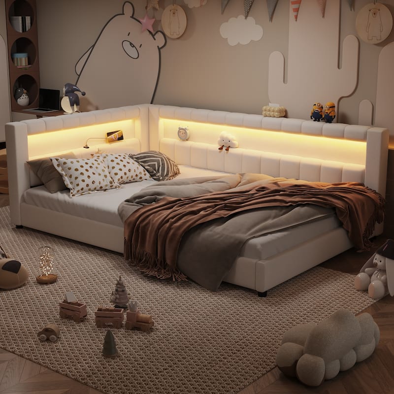 Upholstered Low-Profile Daybed Platform Bed Built-in USB Ports and LED Light Belt, Grounded Design with Padded Backrest - White - Full