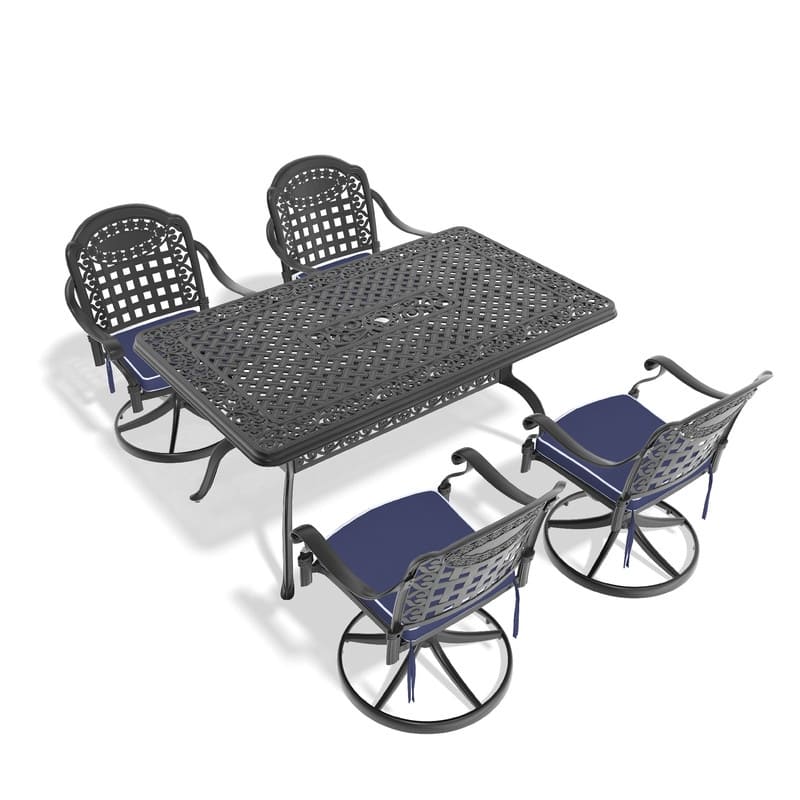 5-Piece Aluminum Rectangular Outdoor Patio Dining Set, 4 Cushioned Swivel Chairs, Table, All-Weather Frames