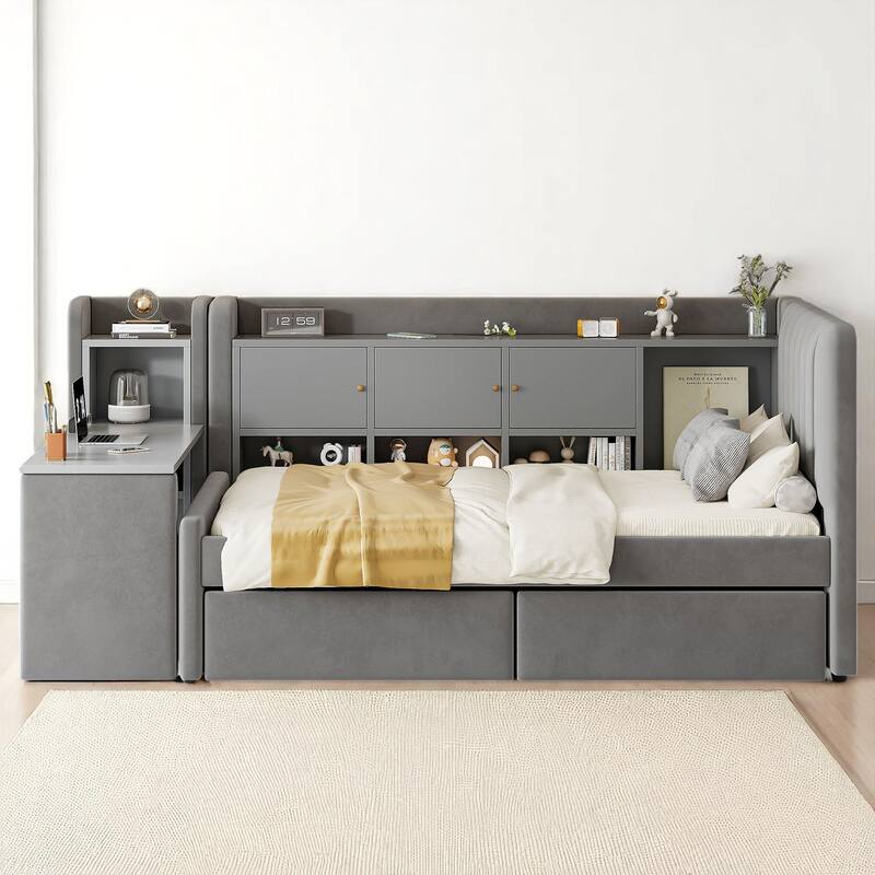 Multi-Functional Twin Daybed with Storage Drawers, Shelves, Flip Cabinets, and Side Table for Small Rooms - Grey - Twin