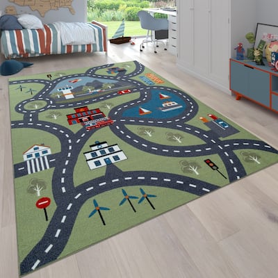Kids Play-Mat Rug Green Landscape with Roads & Traffic for Playroom