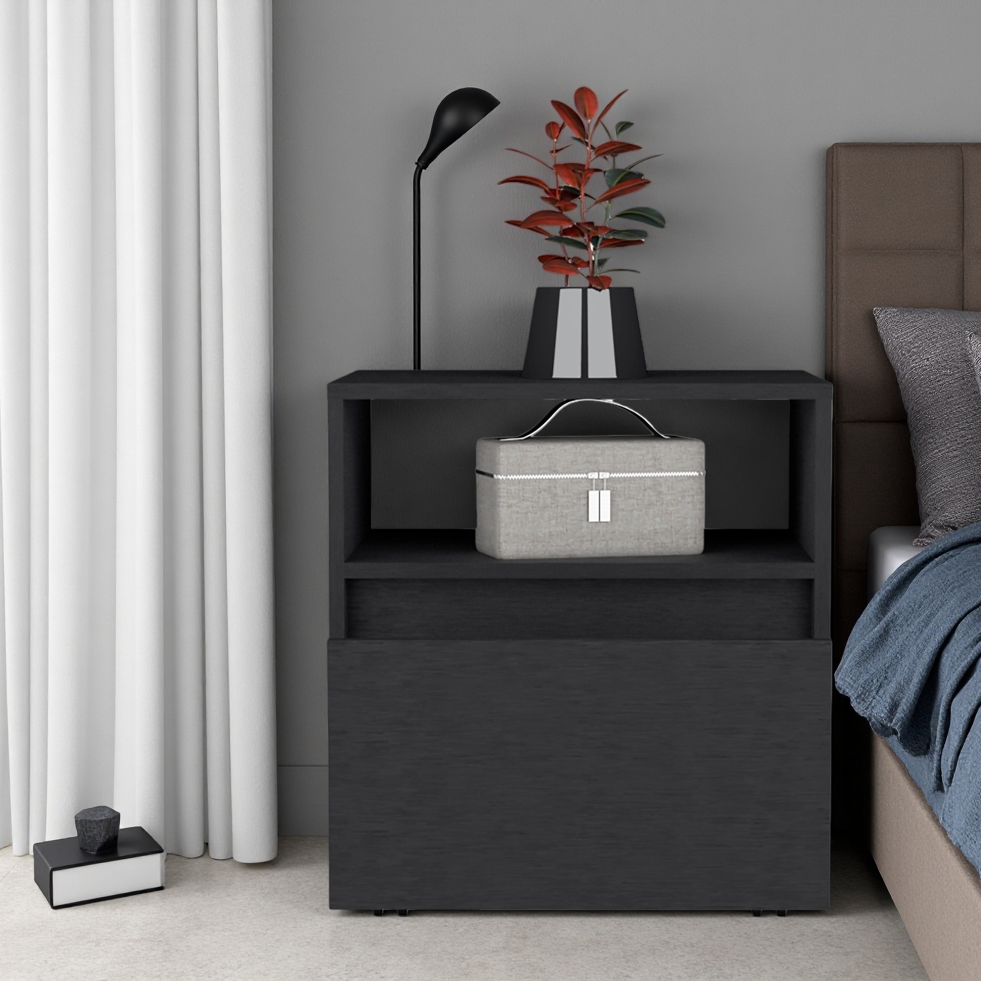 15.7"L Laminated Wood Nightstand, 1 Drawer with Casters & Full-Extension Slider, Compact End/Side Table with Divided Shelf