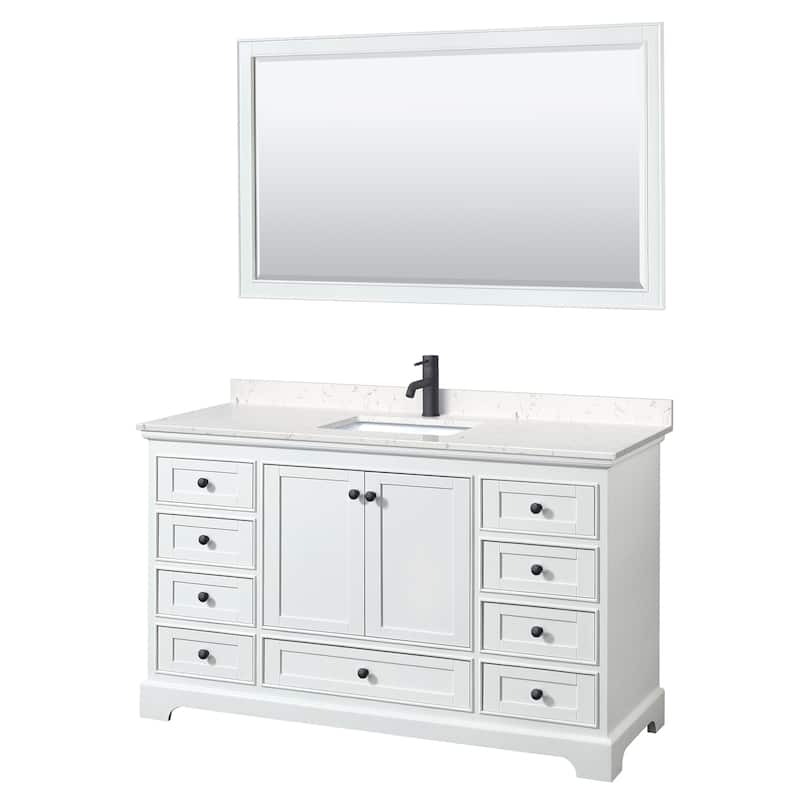 Deborah 60-inch Single Vanity, Cultured Marble Top, 58-inch Mirror - White, Black Trim, Carrara Cultured Marble Top