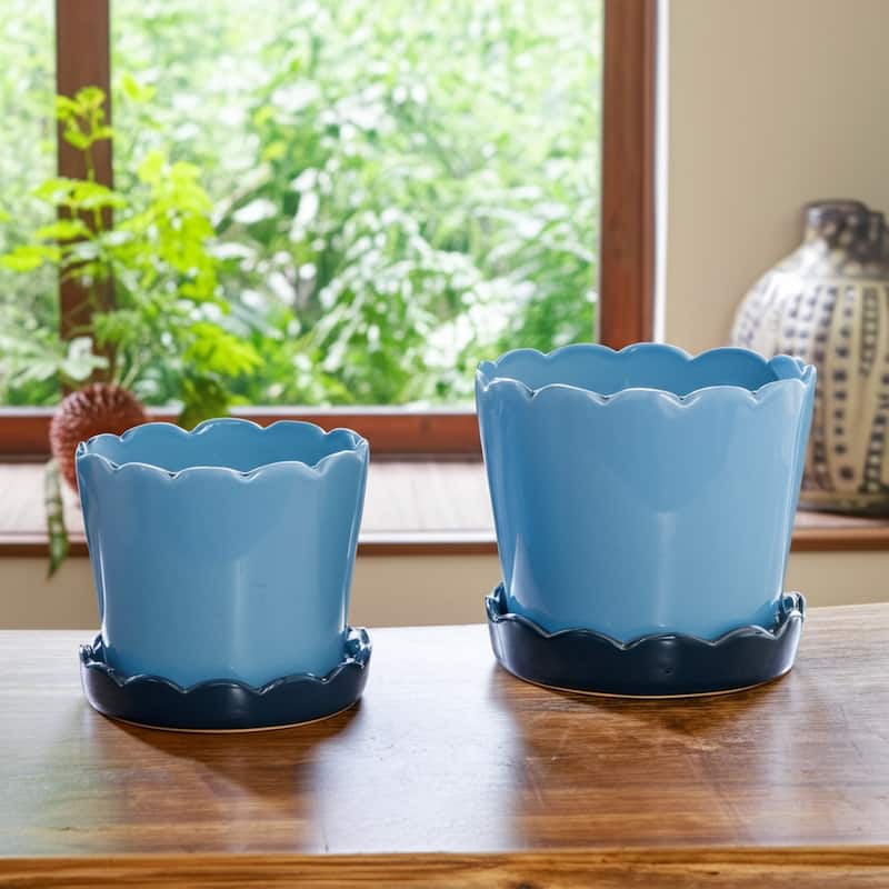Ceramic Saucer Planters Scalloped Edge Design Modern Shape (Set of 2) - 8" x 8" x 8"
