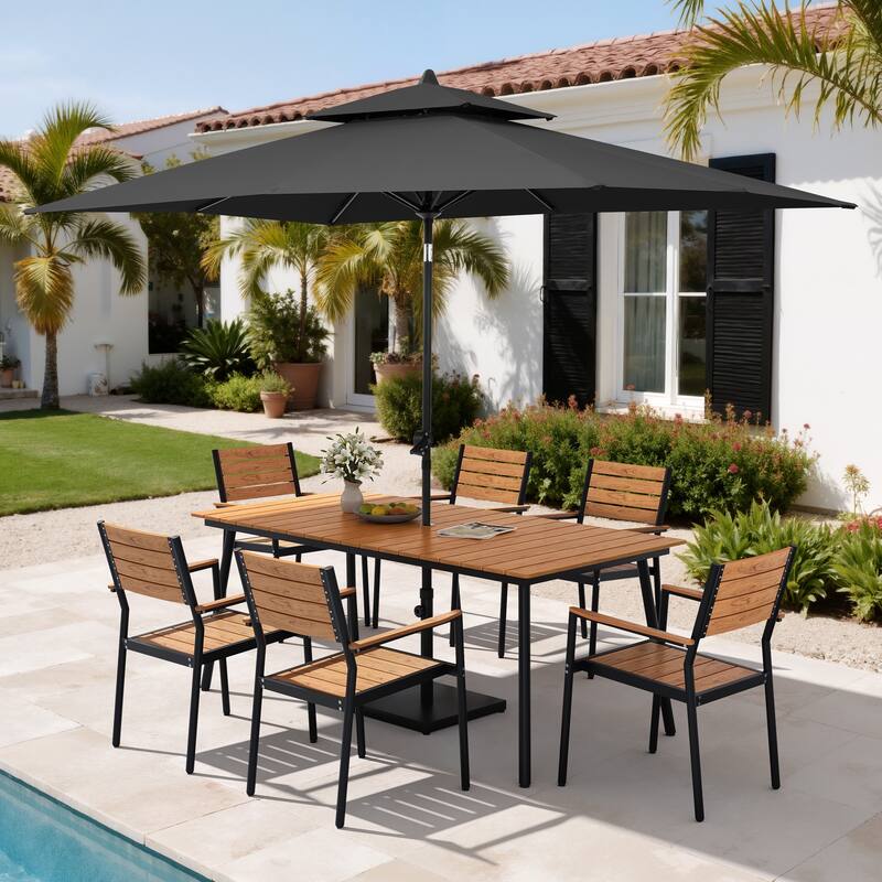 9PC Outdoor Patio Dining Set Wood-Like Aluminum Umbrella Hole Table with Stackable Armchairs,Double Top Market Umbrella and Base - BrownTable&BrwonChairs&BlackUmbrella