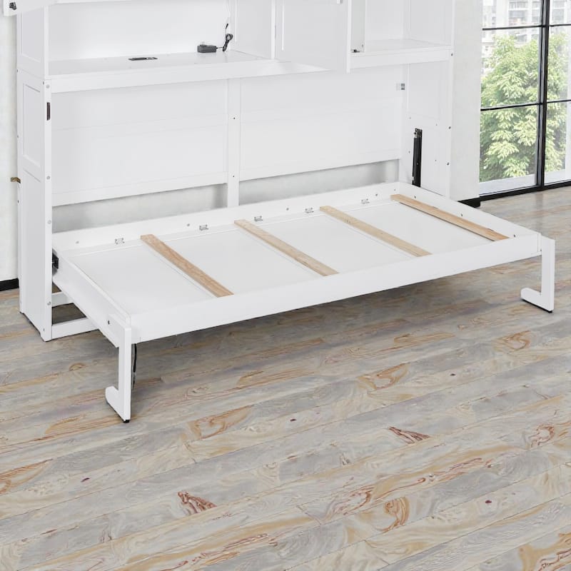 Twin Size Wall Murphy Bed with Top Cabinet, Shelves, Foldable Space-Saving Bed with Light & USB Charging Port