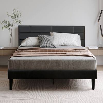 Subrtex Modern Black Faux Leather Platform Bed with Upholstered Headboard