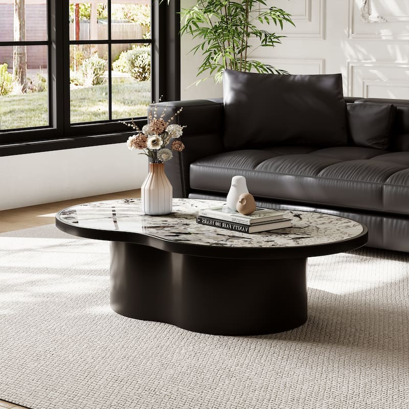 43.31" Round Coffee Table, Glossy Faux Marble Table top, Black Wood Base