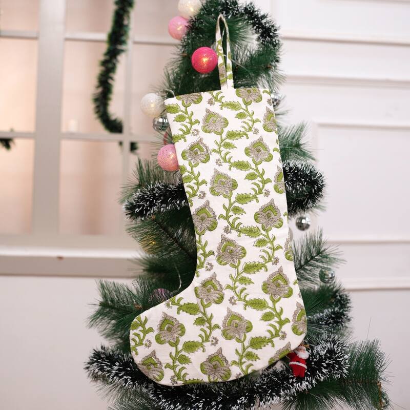 Fabdivine 16x6.5 Inches Hand Floral Block Print Christmas Stockings Tassle and Loop Perfect for Gift - 16"X6.5"