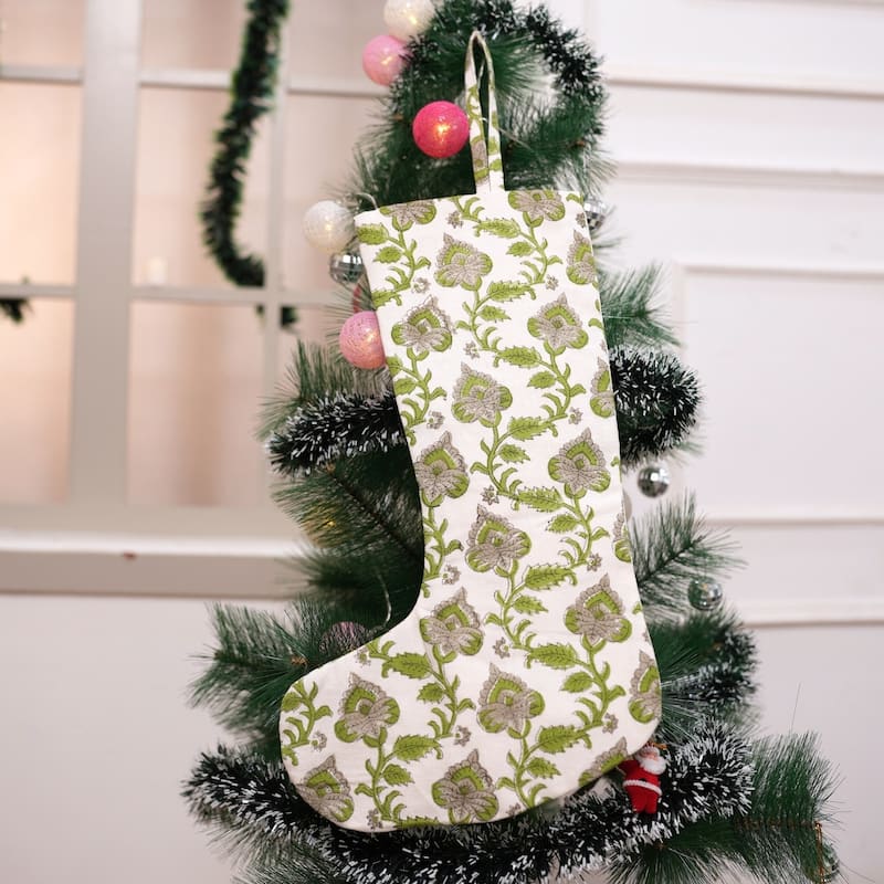 Fabdivine Handmade Christmas Stocking Floral Block Print 10X4.5 Inch Tassel Loop for Home Décor - 10"X4.5"