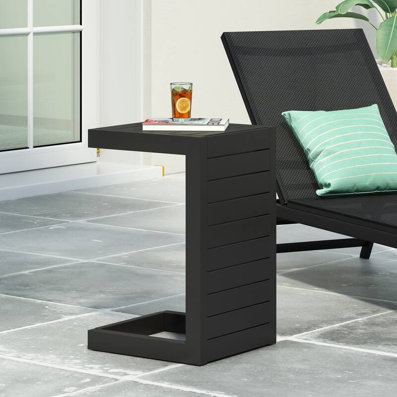 Roomfitters Modern Outdoor Side Table with Slatted Aluminium Frame, Weather-Resistant Accent Table for Patio - Black