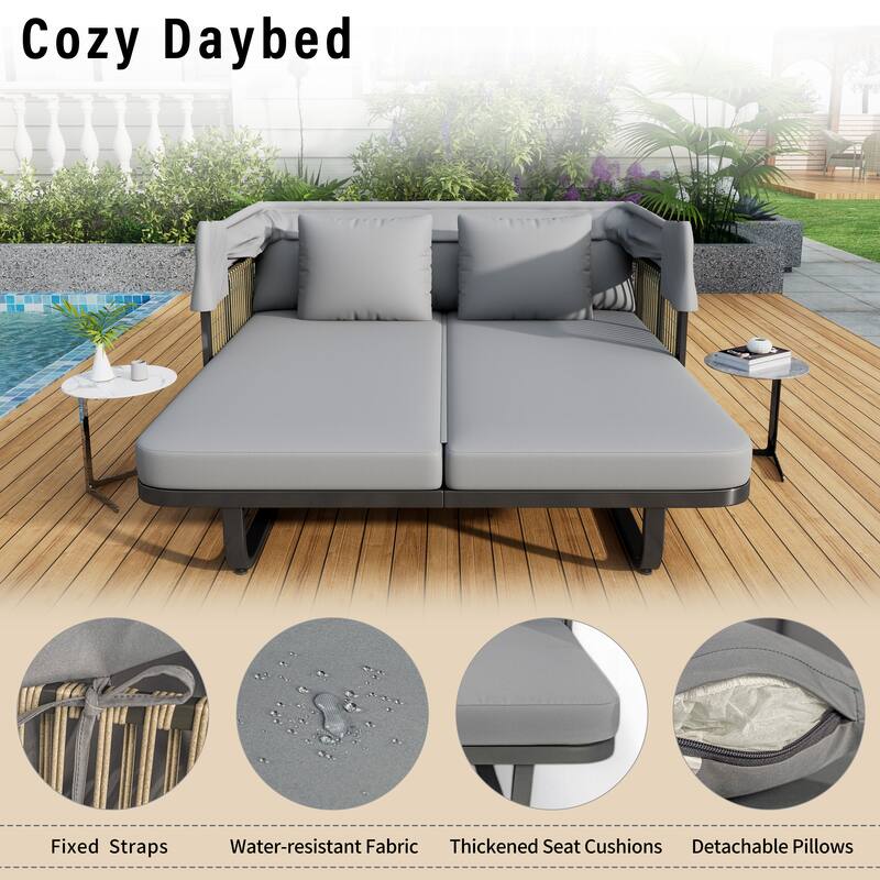 Outdoor 57" Rattan Daybed Sunbed with Retractable Canopy & Pillows