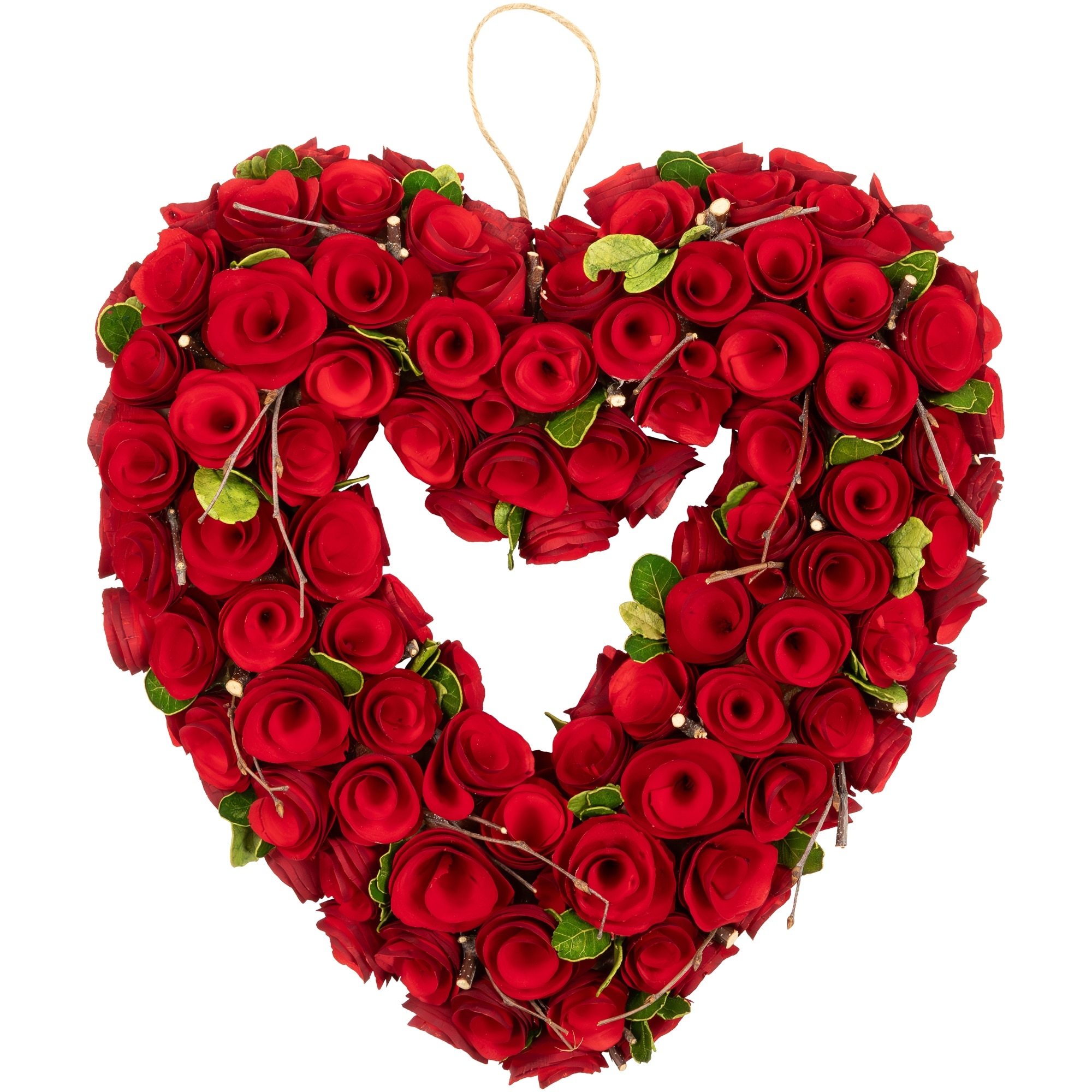 Wooden Roses Floral Artificial Valentine's Day Heart Wreath 13.5" Red