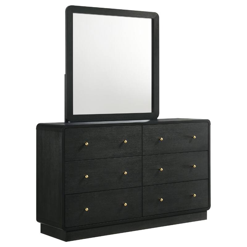Cavy Wide Dresser with Matching Mirror, 6 Drawers, Black Wood, Gold