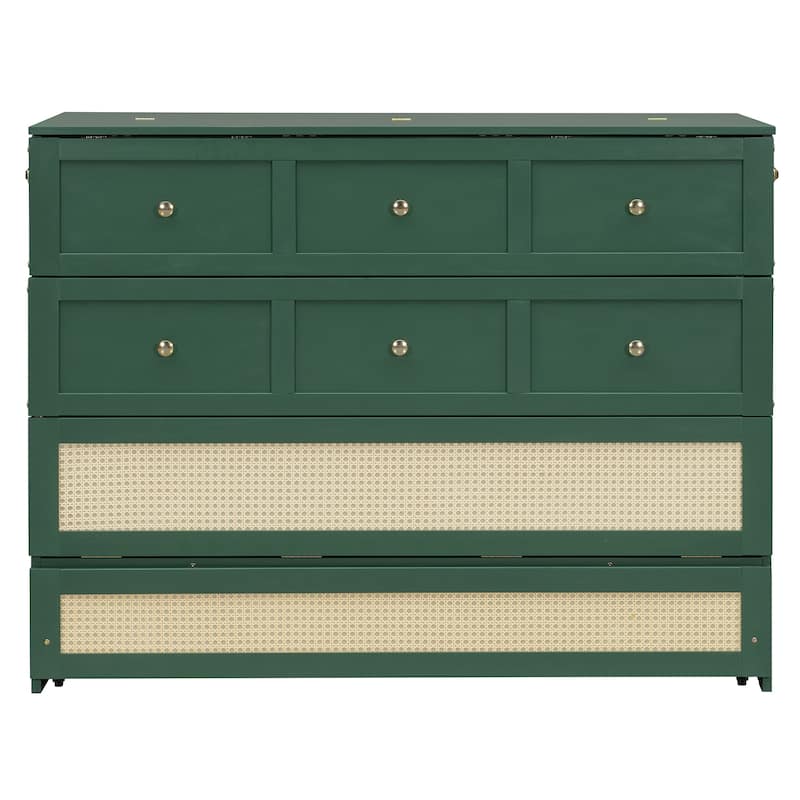 Convertible Foldable Murphy Bed Full Size Wall Cabinet Bed with Storage Drawers, Golden Handles and Rattan Weaving Accents