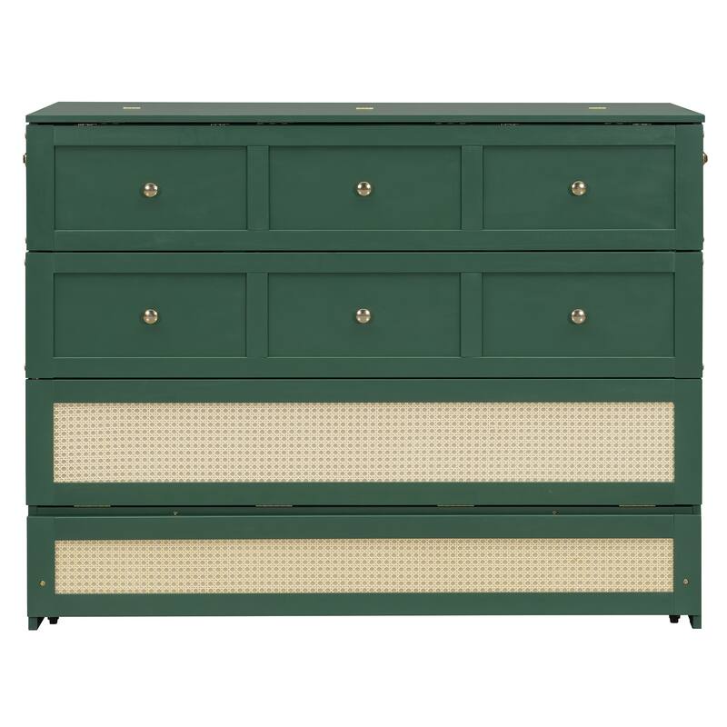 Roomfitters Full Size Murphy Bed with Large Storage Drawer and Rattan Design