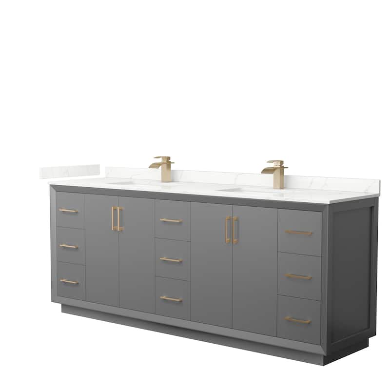 Strada 84-inch Double Vanity, Quartz Top - Dark Gray, Bronze Trim, Giotto Quartz Top