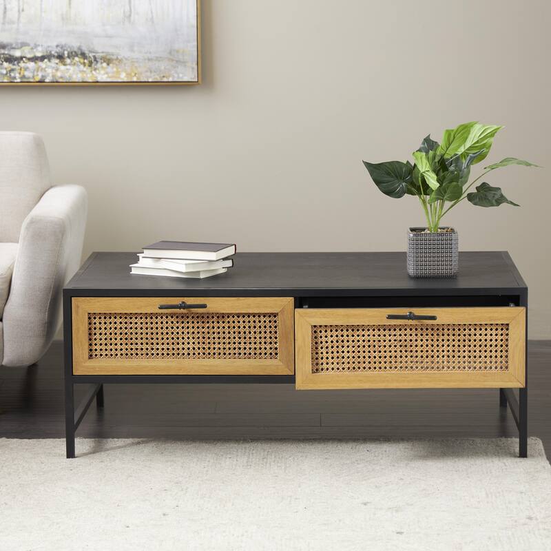 Wooden Handmade 2 Drawer Coffee Table with Rattan Drawer Fronts - Black - Roche River Decor