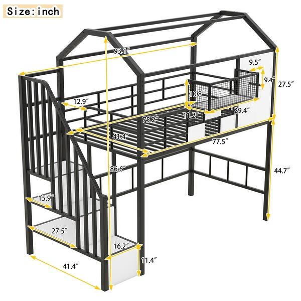 dimension image slide 0 of 2, Metal Twin Loft Bed with Roof Design and Storage Box, Pink