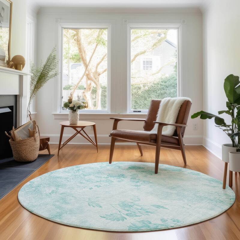 Premium Washable Super Soft Modern Floral Mayfield Rug - Aqua - 8' x 8' - Round
