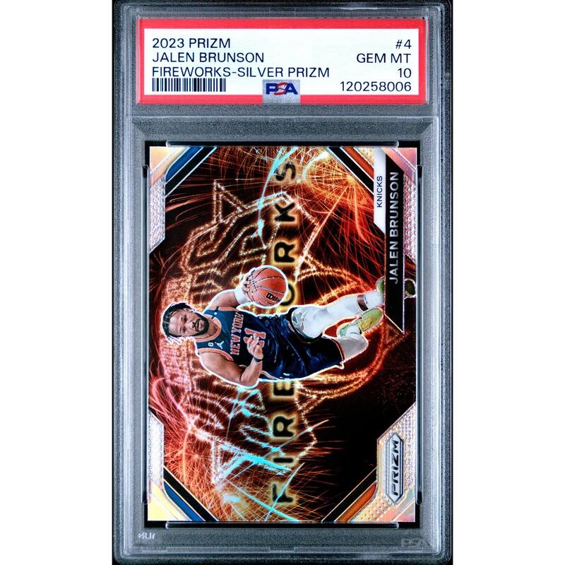 Jalen Brunson 2023 Panini Prizm Fireworks Silver Basketball Card #4 Graded PSA 10 Cert # 120258006 - 8' x 11'