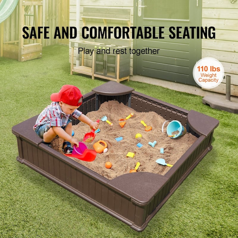 HDPE Square Sand Box with 4 Corner Seating and Bottom Liner Ideal for Kids - 48.6” x 48.6” x 12.4”