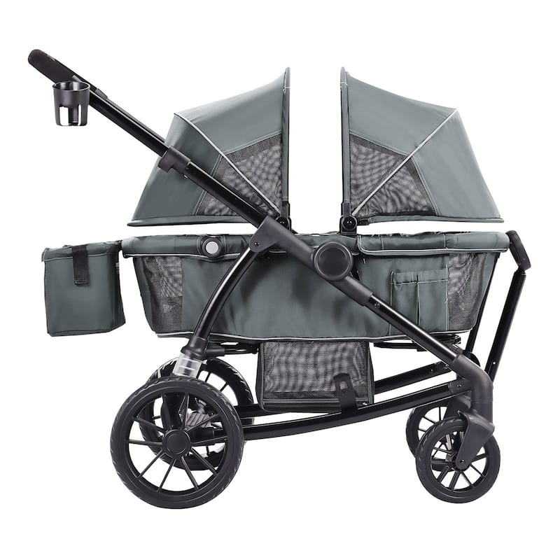 Carbon Steel All-Terrain Stroller Wagon Foldable Twin with Canopy and Tray - 47.2” L x 27.2” W x 42.1” H