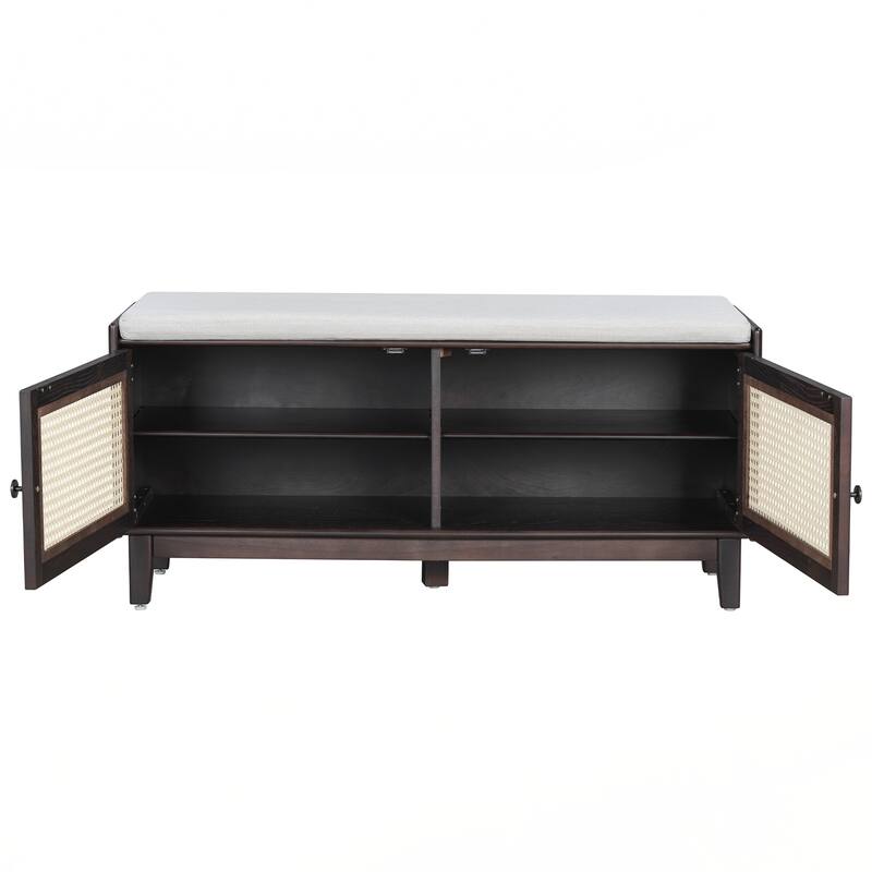 Rattan Entryway Bench with Storage, Cushioned Shoe Bench with Double Doors