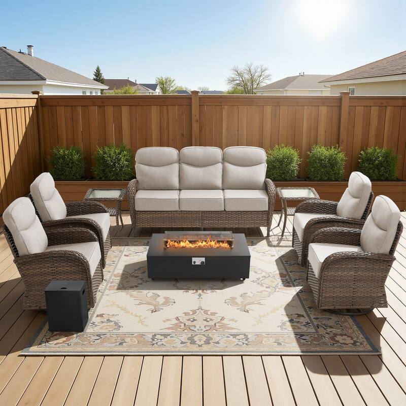 Luna 8-Piece Wicker Outdoor Patio Fire Pit Sofa Set with 6-Inch Thick Cushions
