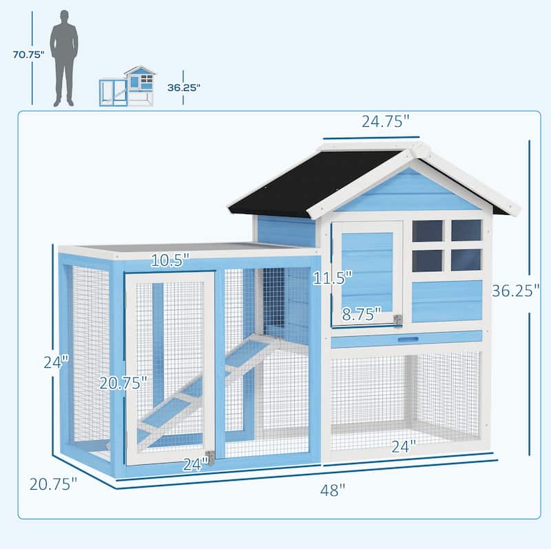 Light Blue Indoor Outdoor Wooden 2-Story Bunny Hutch with Run and Ramp Tray - 48" L x 24.75" W x 36.25" H