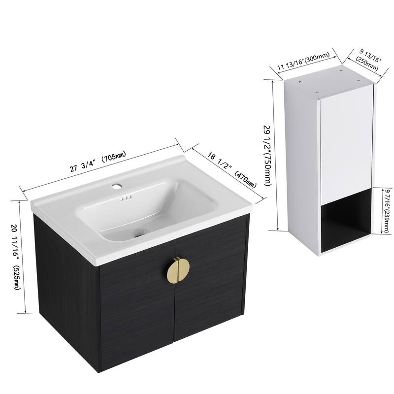 28" Wall-Mounted Bathroom Vanity With Ceramic Sink and Side Cabinet, Soft Close Doors, Combination Cabinet