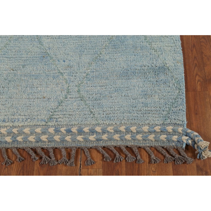 Light Blue Striped Moroccan Modern Runner Rug Hand-Knotted Wool Carpet - 3'0"x 15'8"