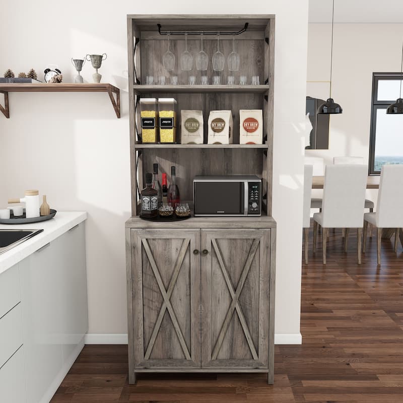 67" Tall Farmhouse Kitchen Coffee Bar Cabinet with Adjustable Shelves - Wash Grey