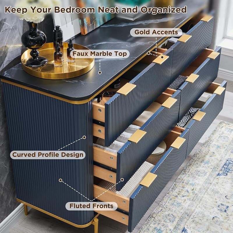 Modern Fluted 6 Drawers Dresser for Bedroom, 54" Dresser TV Stand