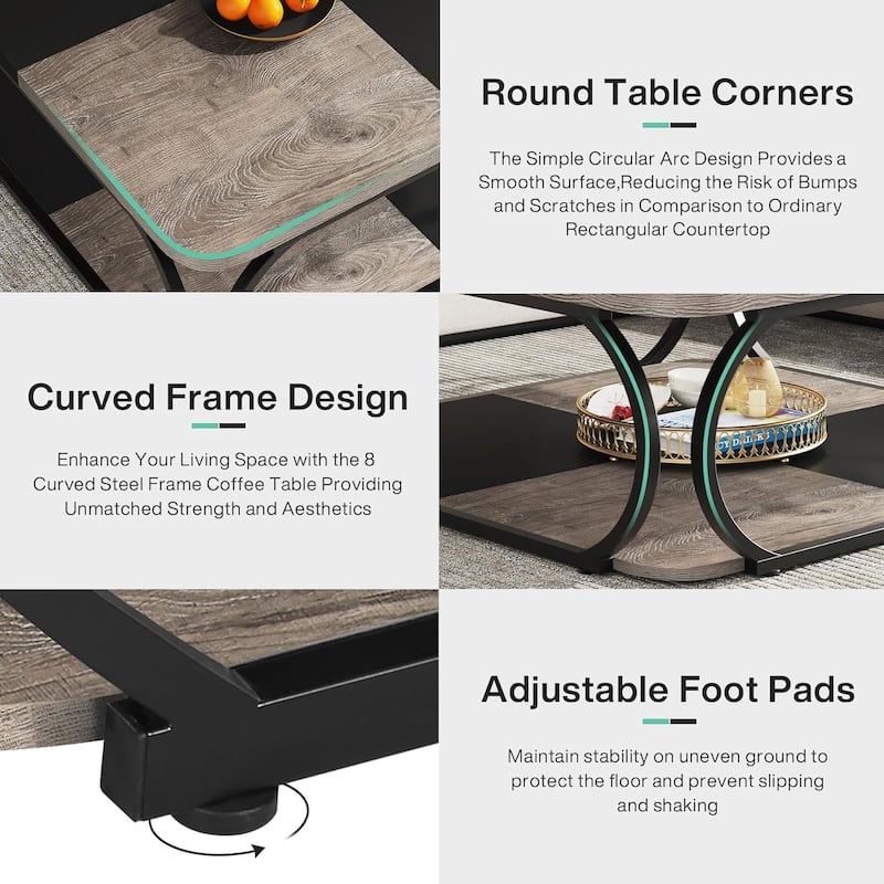 39" Large Square Wood Coffee Table, 2 Tier Tea Table with Storage Shelf, Center Table for Living Room & Home Office