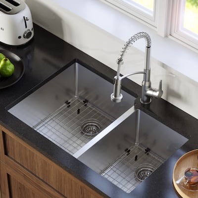 Karran Elite Undermount Stainless Steel 33 in. 16-Gauge Double Bowl 60/40 Kitchen Sink Kit