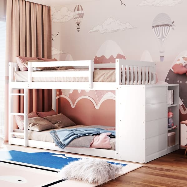 slide 2 of 9, White Pine Wood Bunk Bed with 4 Drawers, 3 Shelves, and Built-in Ladder Twin over Twin - White