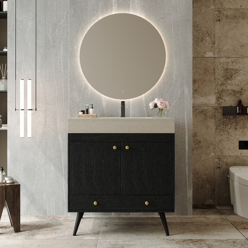 Free-standing Bathroom Vanity with Faux Marble Top & Ceramic Sink, 30" Double Door Storage Cabinet, Waterproof Engineered Wood - Black