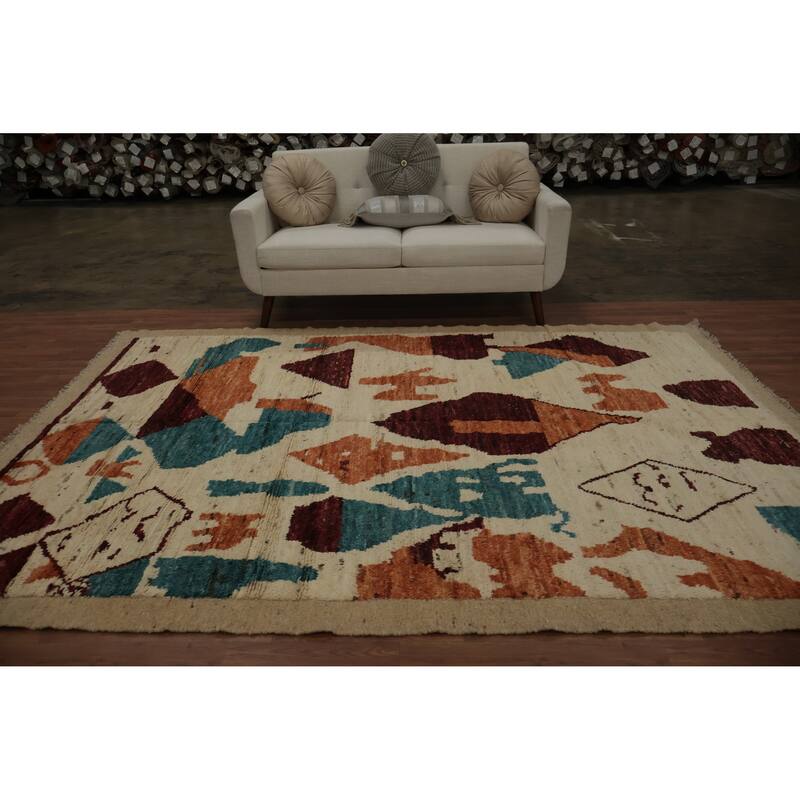 Hand Knotted Oriental 100% Wool Carpet Modern Geometric Beige & Ivories Moroccan Area Rug - 9' 7'' X 6' 10''