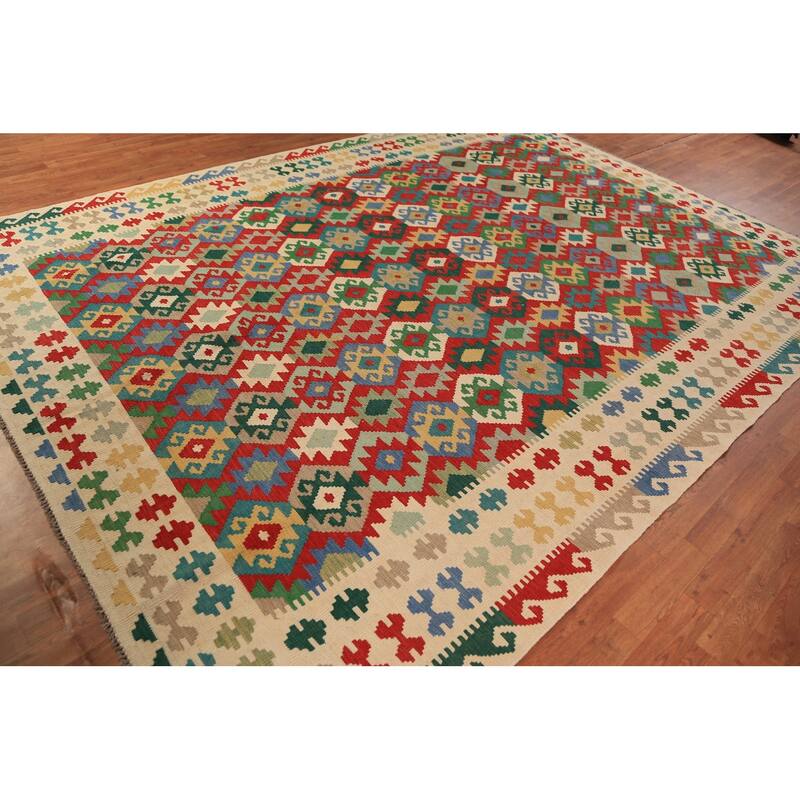 Geometric Kilim Reversible Area Rug Oriental Flatweave Wool Carpet - 8'5"x 11'5"