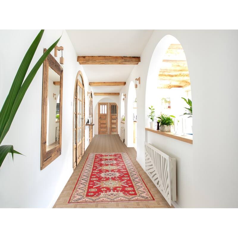 Geometric Kazak Runner Rug Handmade Red Wool Carpet - 2'11" x 9'8"