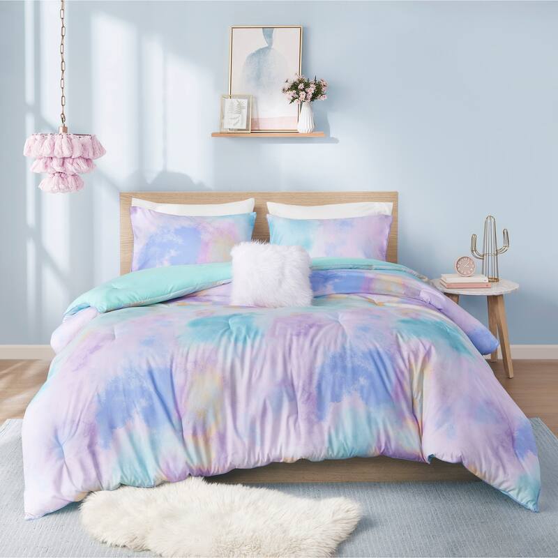 Intelligent Design Karissa Watercolor Tie Dye Printed Comforter Set with Throw Pillow - Aqua - King