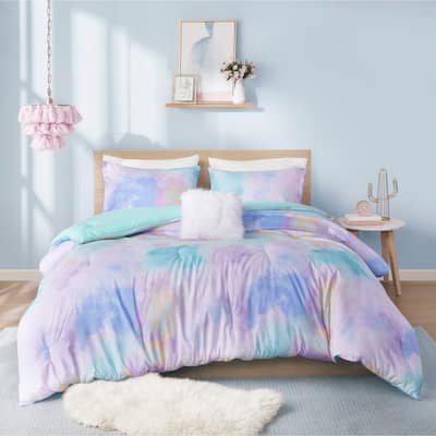 Intelligent Design Karissa Watercolor Tie Dye Printed Comforter Set with Throw Pillow