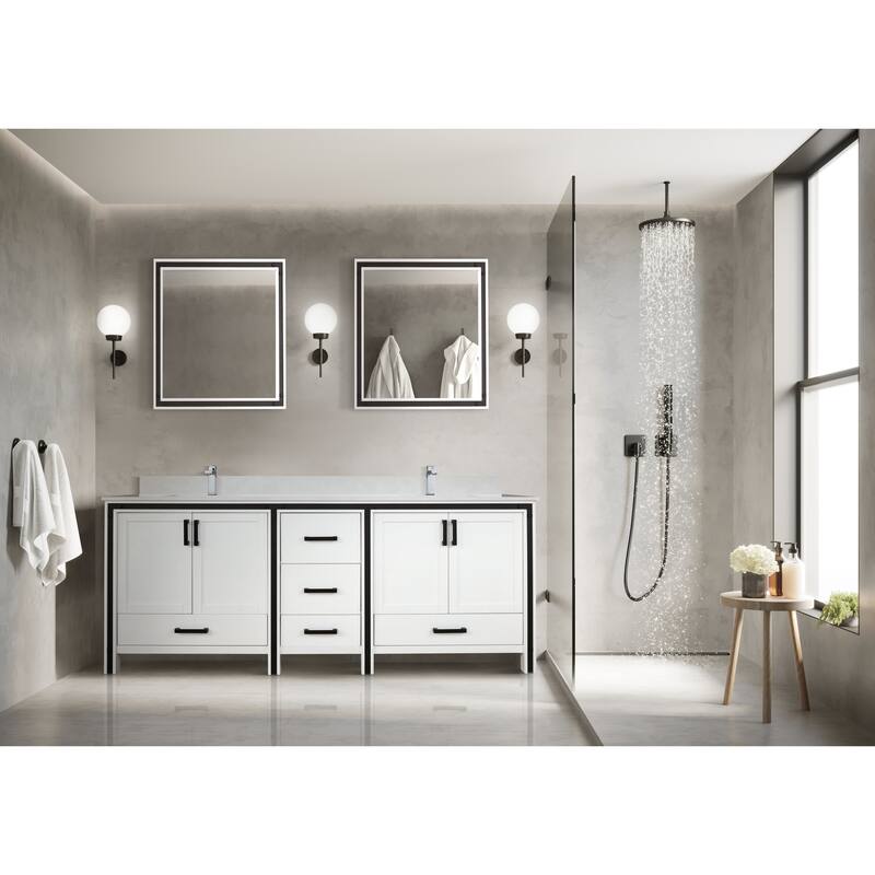 Ziva 80 in W x 22 in D White Double Bath Vanity, White Quartz Top, Faucet Set and 30 in Mirrors
