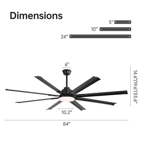 dimension image slide 12 of 19, Sofucor 52/66/72/76/84Inch Large Ceiling Fan with Dimmable LED Light ,Remote&APP Control,8 Blades for Large Living Room,Porch