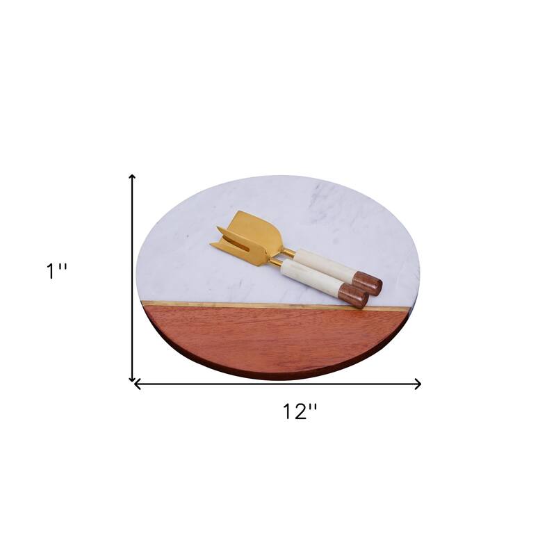 HomeRoots 12" Wood and Marble Cheese Board and Knife Set