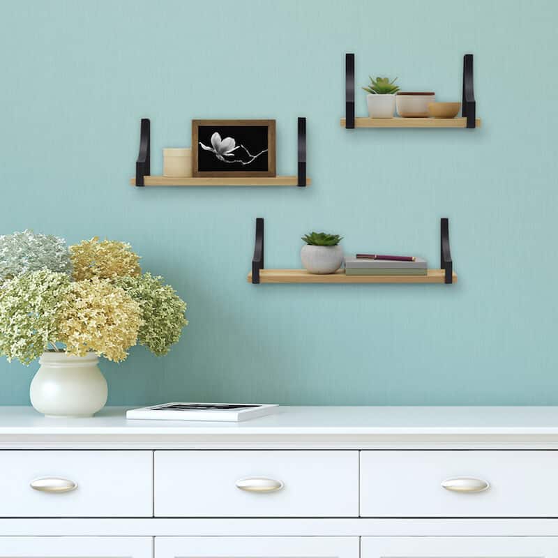 Melannco Set of 3 Floating Wood and Metal Curve Wall Shelves, 18, 14, 10 Inch, Natural