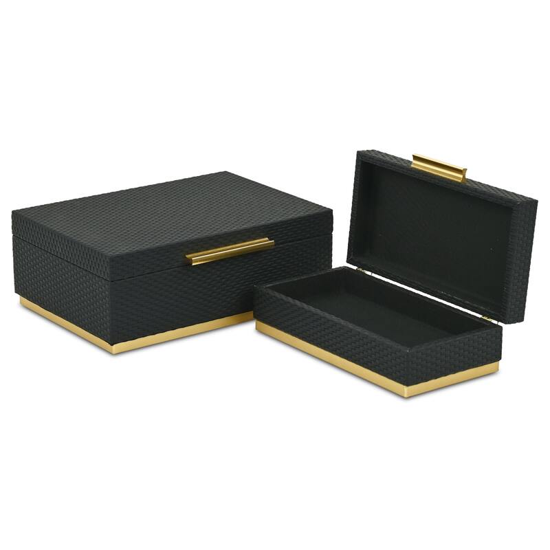 Tamsin Set of 2 Rectangular Decorative Storage Boxes - Wicker Weave Pattern with Gold Hardware
