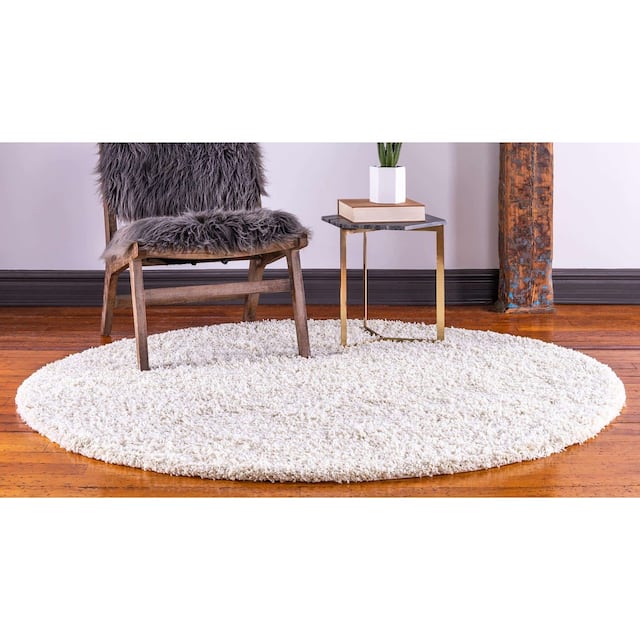 Unique Loom Solid Shag Area Rug - 8'2" x 8'2" Round - Pure Ivory
